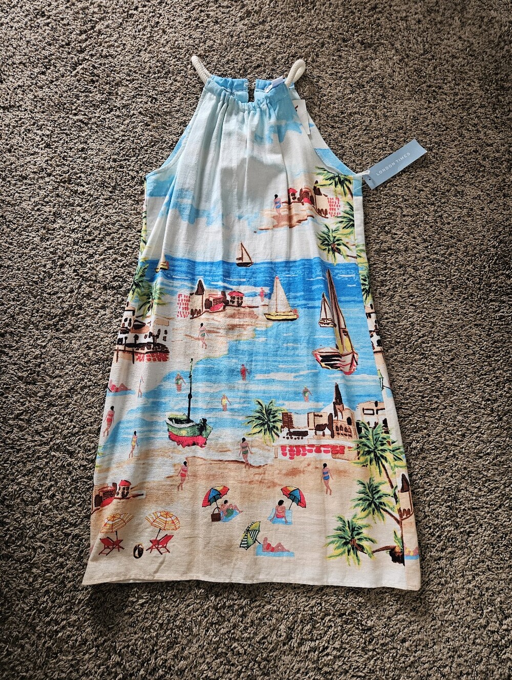 London Times Avelle Linen Blend Halter Dress Maxi Dress Blue & White Medium